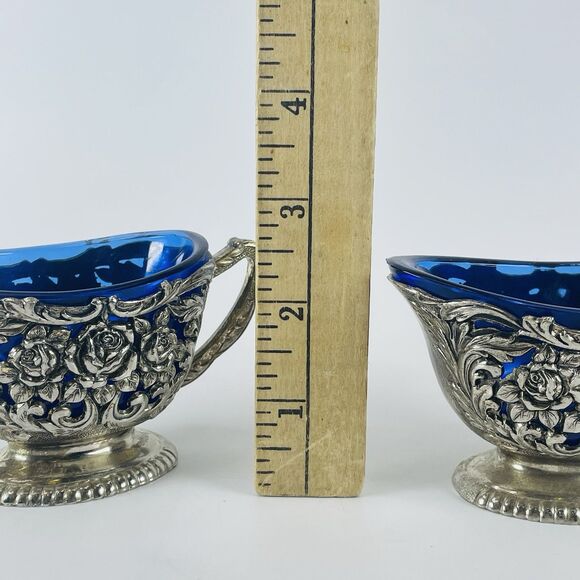 Antique Silver Plated Rose Floral Design Cobalt Blue Lined Sugar And Creamer Set - Picture 6 of 16